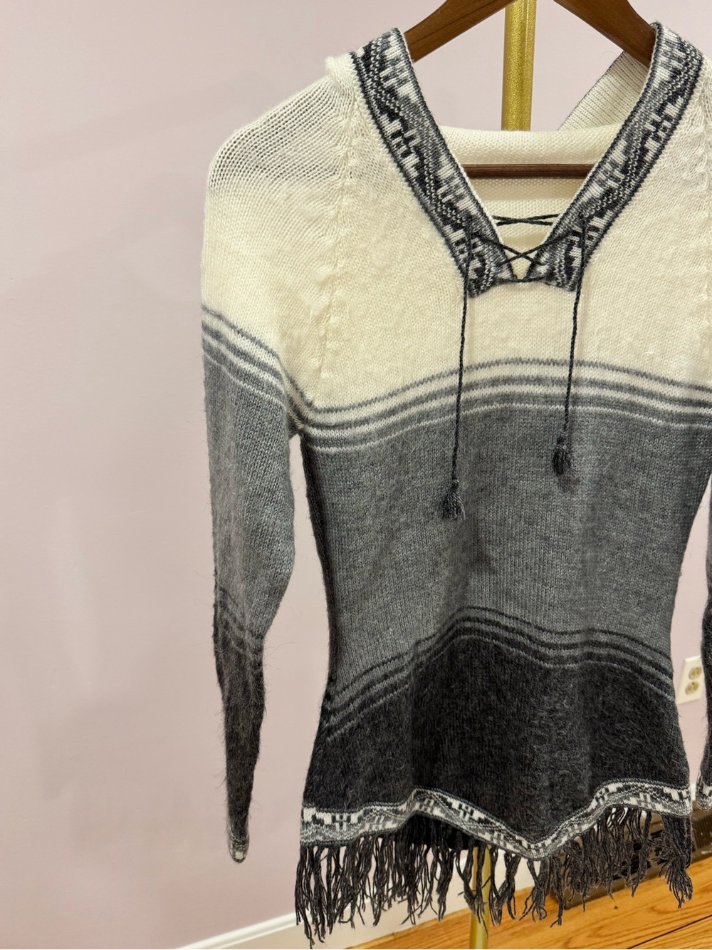 Boho Fringe Sweater Tunic Gray Ivory Lace-Up Knit Pullover Women's S/M - Picture 2 of 4